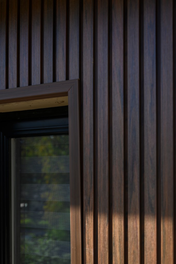 Close-up of dark vertical siding beside a window