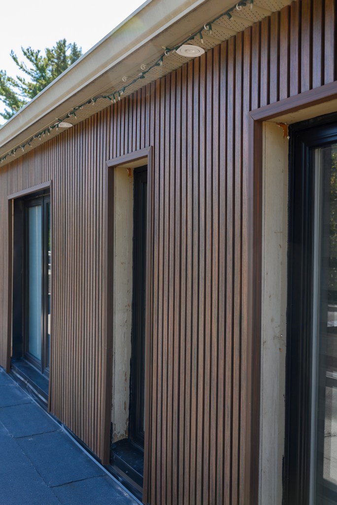 Dark vertical wood-grain siding around window openings
